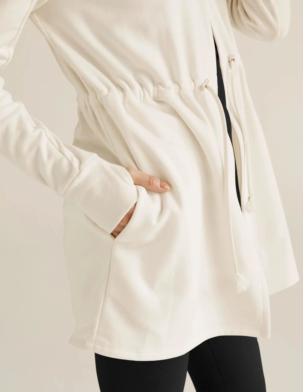 beyond-yoga on the go hooded open front pockets jacket