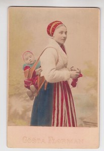 Sweden 1890s. Woman in National Costume with Child. Hand Painted. Gosta Florman