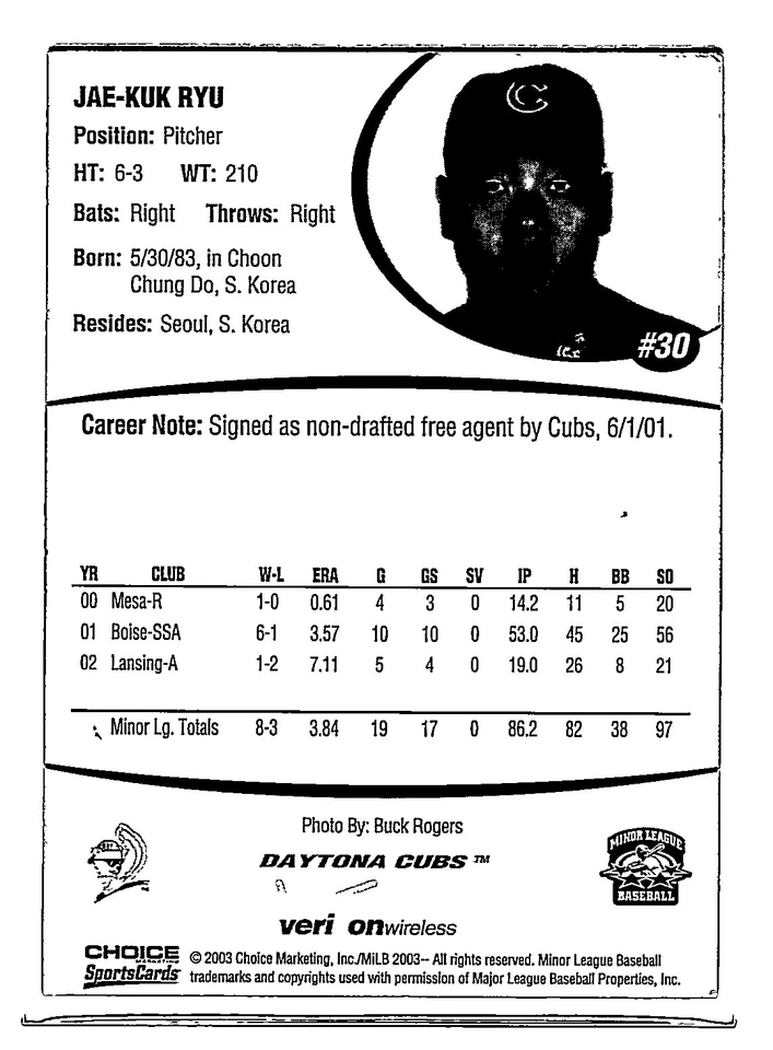 JAE-KUK RYU 2003 CHOICE SPORTS CARDS MINOR LEAGUE #30 AUTOGRAPHED IP GTP RARE! - Image 2 of 2