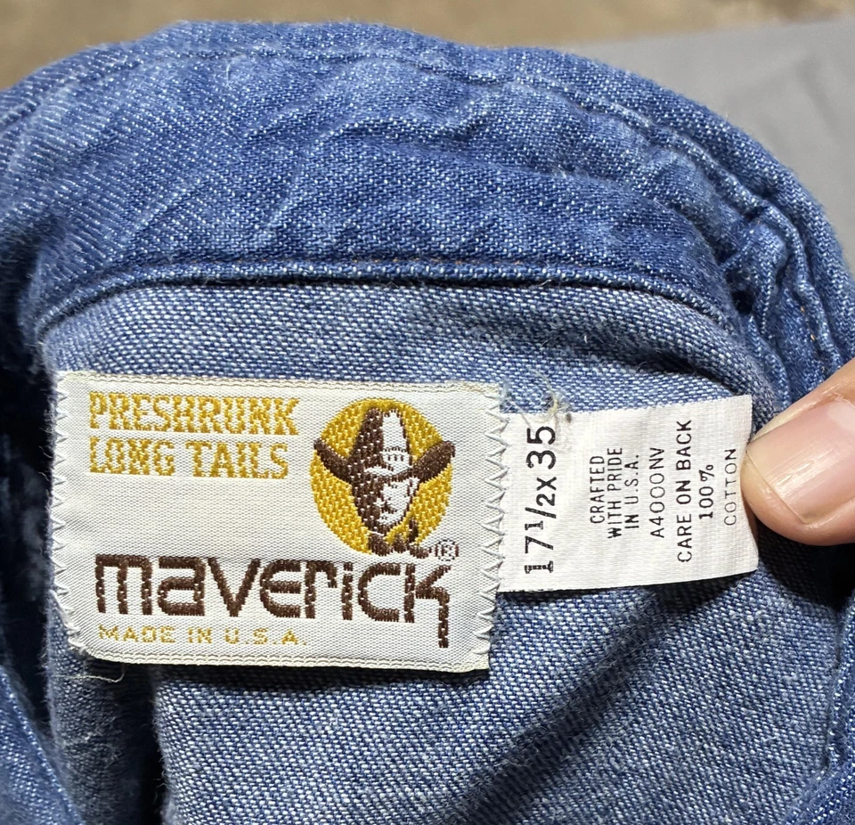 Camisa vaquera vintage Maverick para hombre 17,5x35 azul perla hecha a presión EE. UU. AÑOS 90 Foto 3 de 4