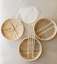 10" Natural Bamboo 2-Tier Steamer with 4 Chopsticks & Approx 35 Paper Liners