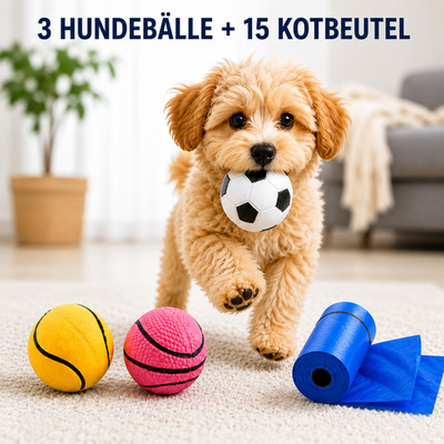 Hunde Bälle Set 4 cm 3er Pack mit Kotbeutel Rolle 15 Beutel Hundespielzeug Klein