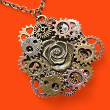 STEAMPUNK ROSE PENDANT bronze flower silver copper gear cameo frame necklace Z6