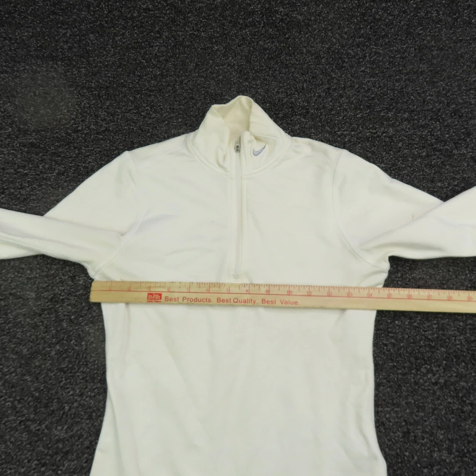 Pullover Nike Fit seco para mujer pequeño blanco manga larga atlético media cremallera correr Foto 3 de 4