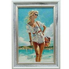 Beach Girl Original Oil Painting 4x6 Framed Signed Woman Sea Beachfront Art