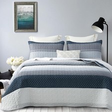 Striped Quilt Set King Size 3Pcs Blue  Navy Striped Patchwork Pattern 106x96