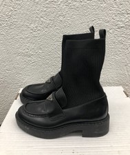 PRADA Leather Monolith Booties Loafer Ankle Socks Black EU 37 US 7 H351
