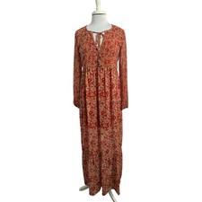 Women's M Cottagecore Prairie Floral Sheer Ruffle Maxi Dress Burnt Orange Fall