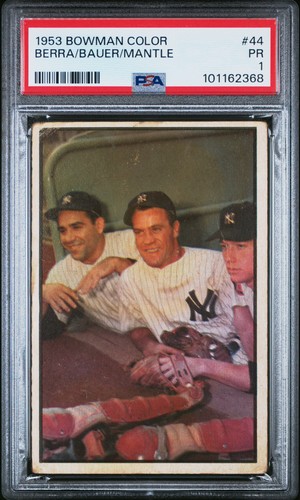 1953 BOWMAN COLOR #44 HANK BAUER/MICKEY MANTLE/YOGI BERRA PSA 1