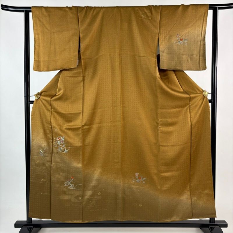 Japanese Silk Kimono S 157cm Brown Grass and flowers Flowing water Lined Silver