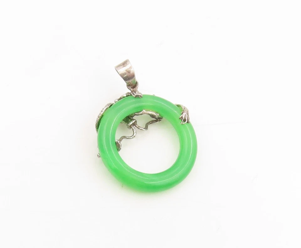 Colgante Vintage Plata de Ley 925 Verde Jade Dragón Círculo Medallón PT25417 Foto 4 de 4