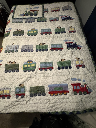 Pottery Barn Train Junction Twin  Appliqué Quilt Set with Pillow Sham VHTF Puppy