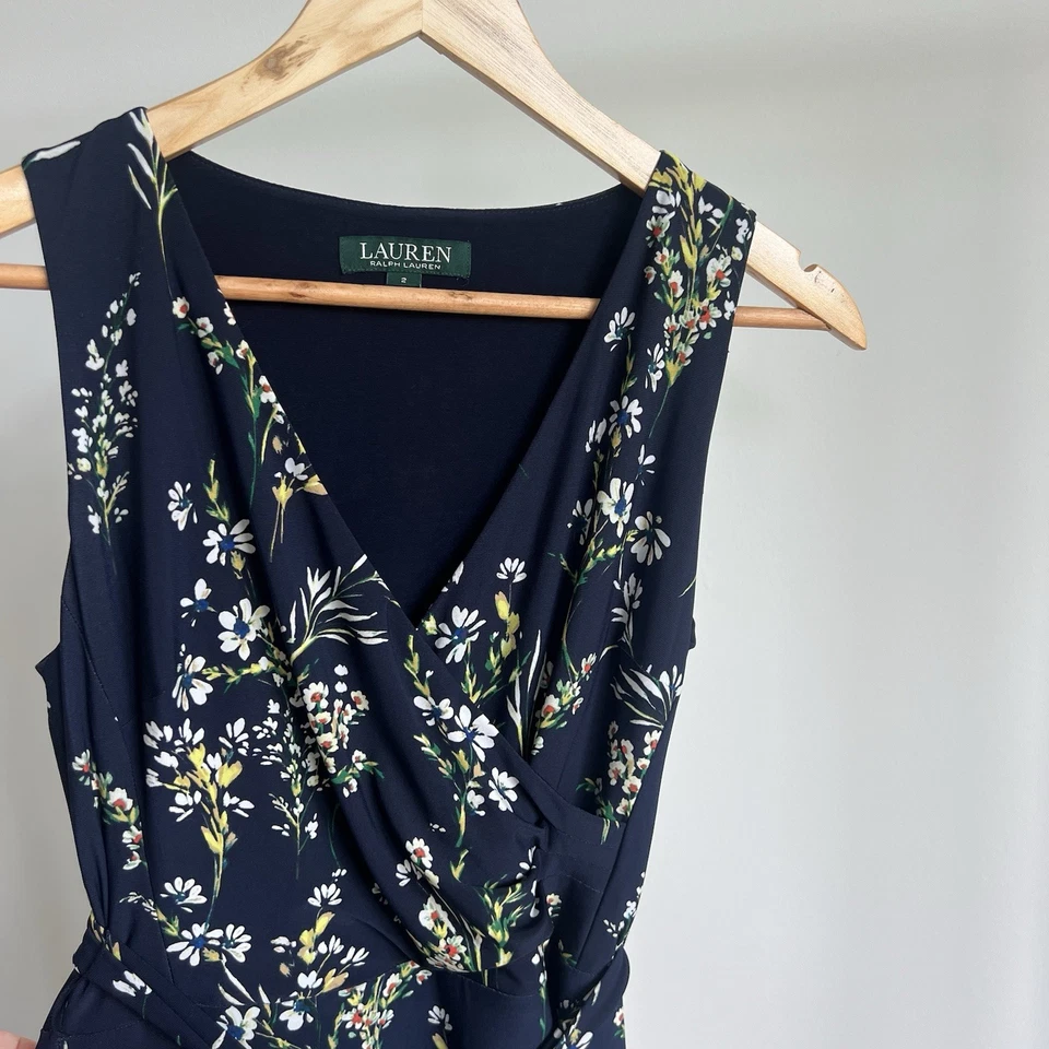 LAUREN Ralph Lauren Midi Wrap Dress Navy Blue Floral Pernille Womens Sz 2 - Image 3 of 4
