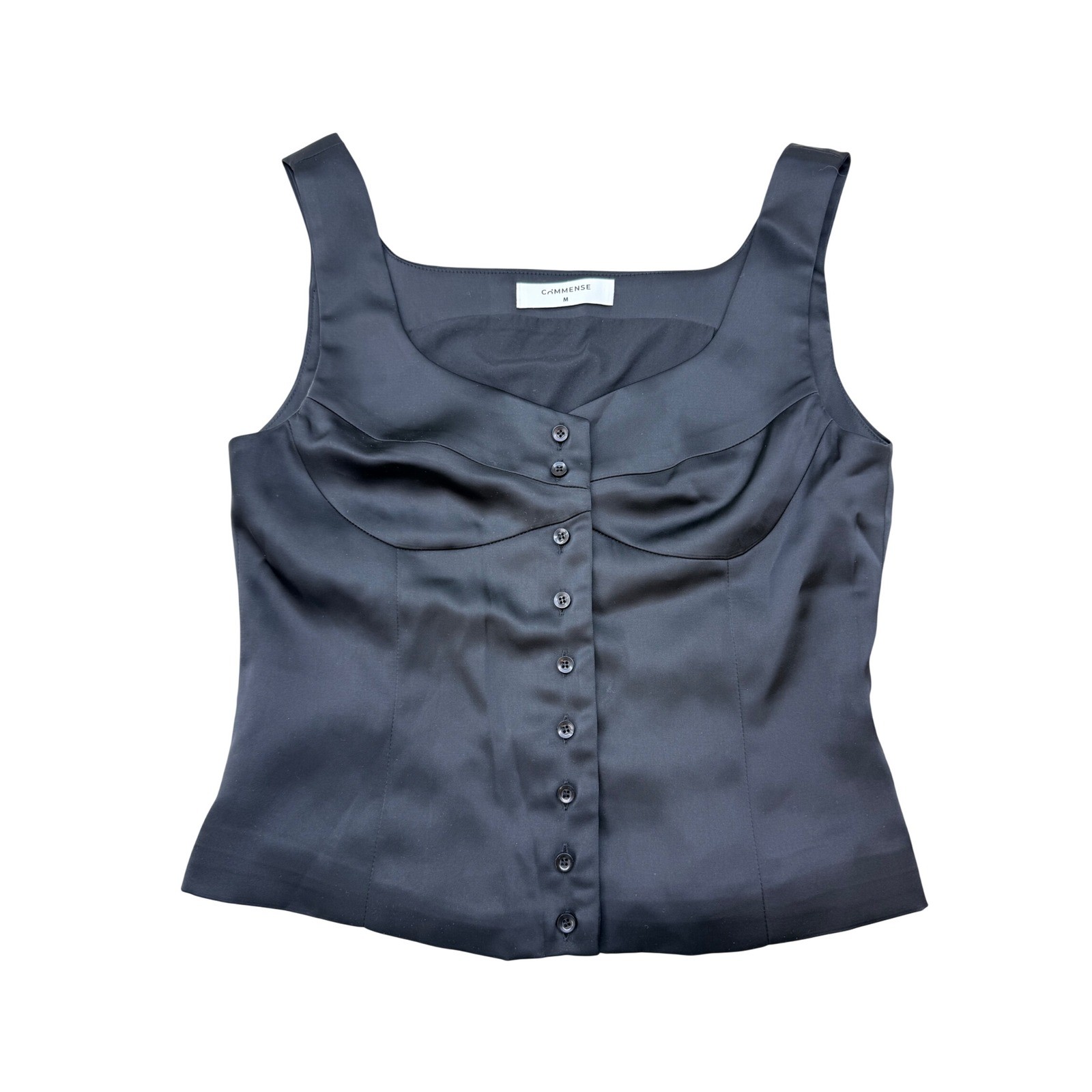 Commense Black Satin Corset Button Down Tank Top Sleeveless Blouse Womens Size M