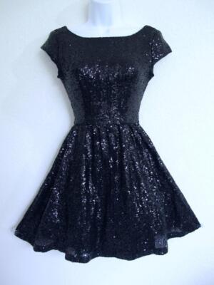 Camille La Vie Black Sequin Skater Dress XS Cap Sleeve Full Skirt Scoop  Back | eBay