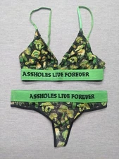 New Assholes*s Live Forever Women’s Bralette Thong Set Medium Green Mushroom