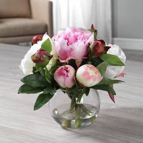 UTTERMOST 60145 BLAIRE PEONY BOUQUET PINK CREAM PEONIES GLASS VASE FAUX WATER - Picture 2 of 3