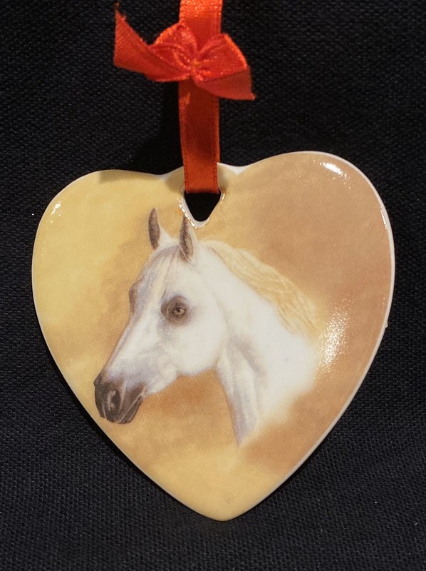 Heart Shaped Ceramic Hanging Gray Arabian Horse Ornament With Red Ribbon