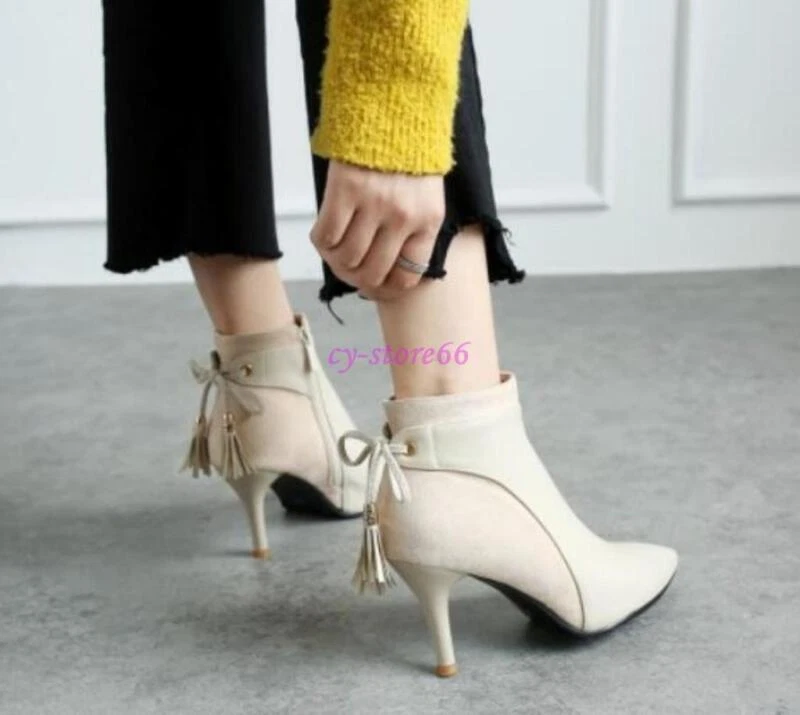 Para mujeres Borla Imitación Gamuza Cuero Botines Oficina Vestido Fiesta Tacón Alto Zapatos Foto 4 de 4