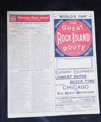 The GREAT ROUTE ROCKISLAND TIME TABLE Nov. 1891 Reprint 1979 ''WORLDS FAIR LINE'' 