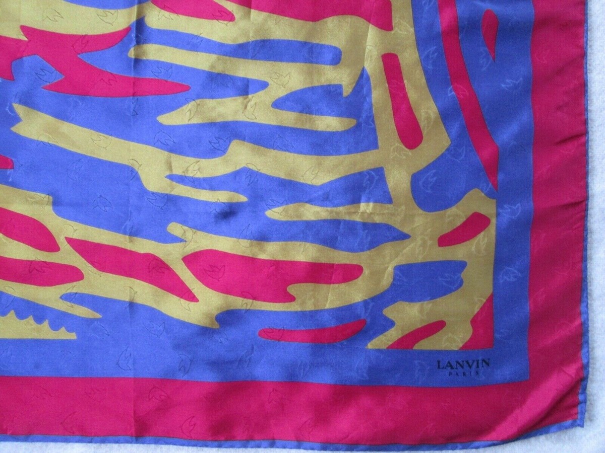 Foulard En Soie Haute Qualité LANVIN Paris - 90x90 Cm - Couleurs Violet, Bleu, Gris - Vintage