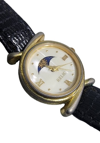 Vintage Relic Moon Phase Watch Women 26mm Gold Tone Black Leather Band UNTESTED - Picture 1 of 6