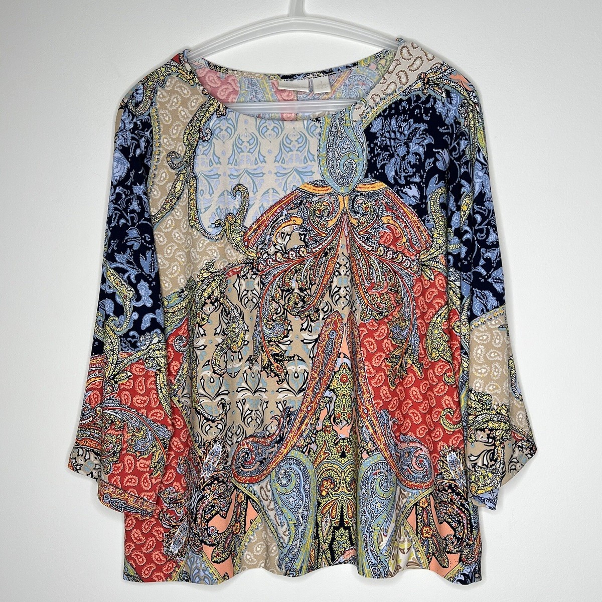 Chicos Top Sz 1 Paisley Multicolor Blues Three Quarter Sleeve