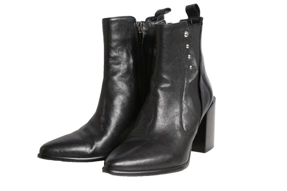 Laura Bellariva Ankle Boots Black Leather Pointed Toe Chunky Square Heel Size 39 - Image 2 of 4