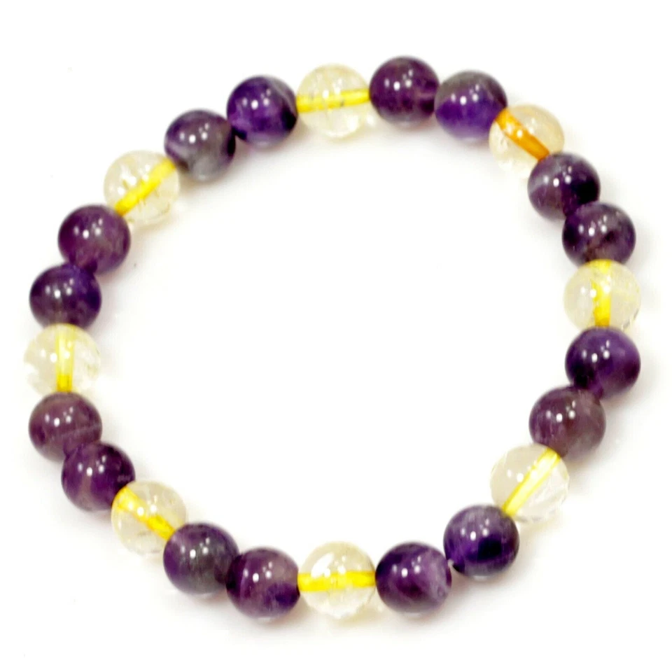 Pulsera de ametrino cuentas redondas piedras preciosas curativas púrpura y amarillo elástico Foto 3 de 4