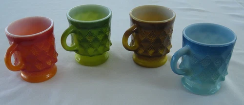 Set of 4 Vintage Fire King Kimberly Diamond Mugs - Green, Blue, Orange, Brown