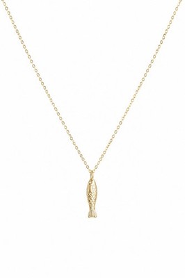 14K massiver Gelbgold Fisch Anhänger Halskette zierlich 1mm Kabel Kette verstellbar