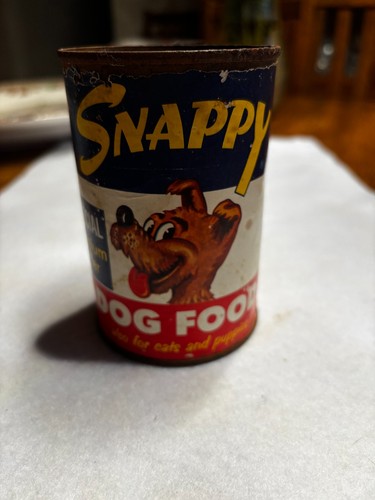 ORIGINAL VINTAGE SNAPPY DOG FOOD CAN WITH PAPER LABLE 1950