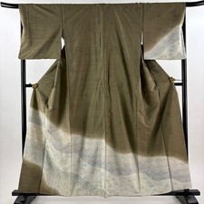 Japanese Silk Kimono L 159.5cm Grayish brown Grass and flowers Lined Tsumugi 373