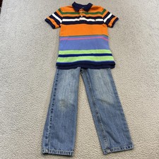 Polo Ralph Lauren Cinch Shirt Jeans Set Boys 6 Orange Striped Denim Adjustable