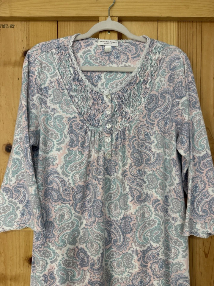 Camisola feminina Miss Elaine grande mistura de algodão paisley manga 3/4 roupa de dormir em excelente estado usado - Imagem 2 de 4