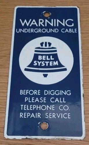 Vintage Bell System Warning Underground Cable Porcelain Sign 3 1/2 x 7"