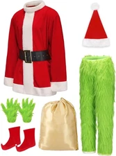 Christmas Costume for Men Adult Green Furry Monster Santa Suit 8 PCS Set Deluxe 