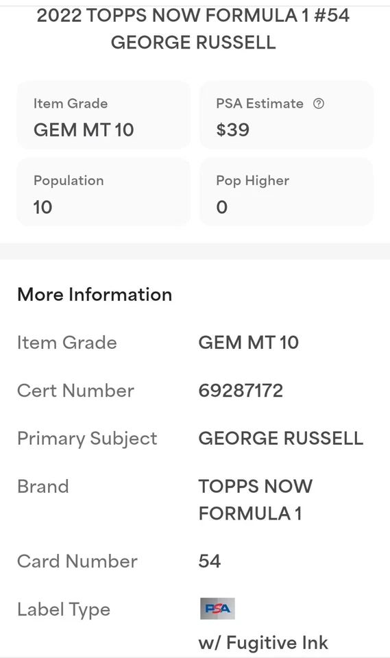 🏁 George RUSSELL *Short Print* PSA 10 2022 Topps Now Formula 1 #54 POP 10 🔥 - Image 4 of 4