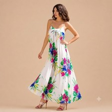 Ark & Co Tropical White Floral Open Back Maxi Dress Size Large New