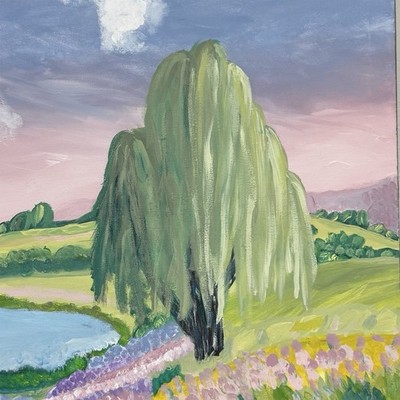 Impressionist Willow Tree Landscape Original Acrylic Painting on Canvas, Medium