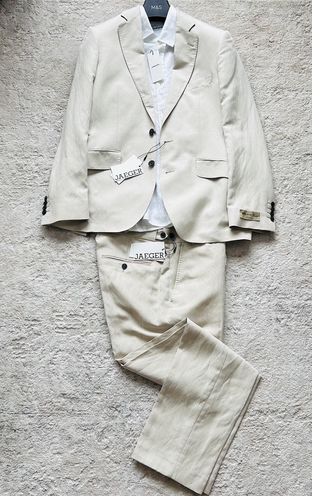 Traje Jaeger de lino y seda para hombre 38R pecho 2 botones Jkt 32S Trs piedra/beige PVP £438