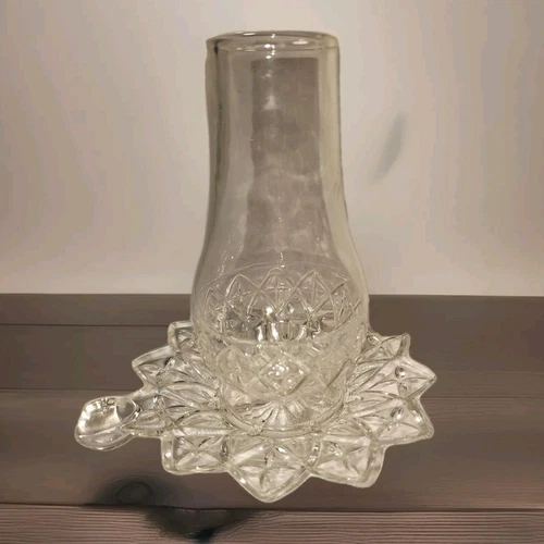 Vintage 1960s Federal Glass Clear Candle Holder w Chimney Floral Pattern Etched