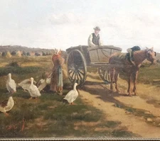 Gardienne d'Oies Grand Tableau Original XIXe Signature en rouge 53 x 72 cm