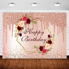 Glitter Rose Gold Birthday Backdrop Burgundy Flower Happy Birthday Photograph...