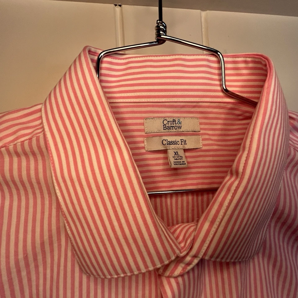 Camisa Croft & Barrow Para Hombres XL 17-17.5 Abotonada Manga Larga Rosa Blanco Rayas Foto 3 de 4