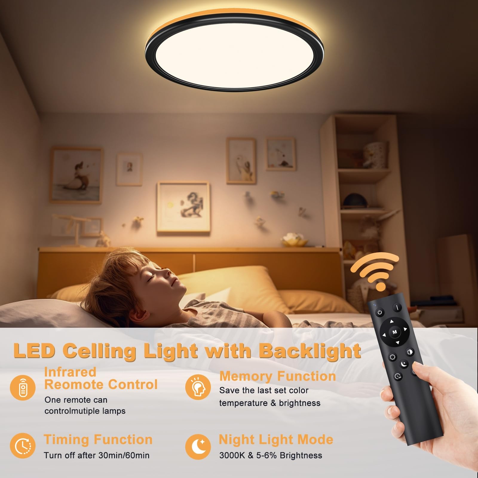 Plafonnier LED télécommande 24W dimmable blanc pour salon moderne
