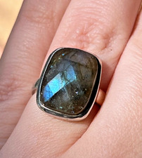 Vintage Checkerboard Blue Flash Labradorite  Sterling Silver Ring-size 8