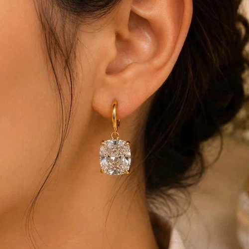5.00 CT Cushion Cut EF/VS Lab Grown Diamond Dangle/Drop Earring 14k Yellow Gold
