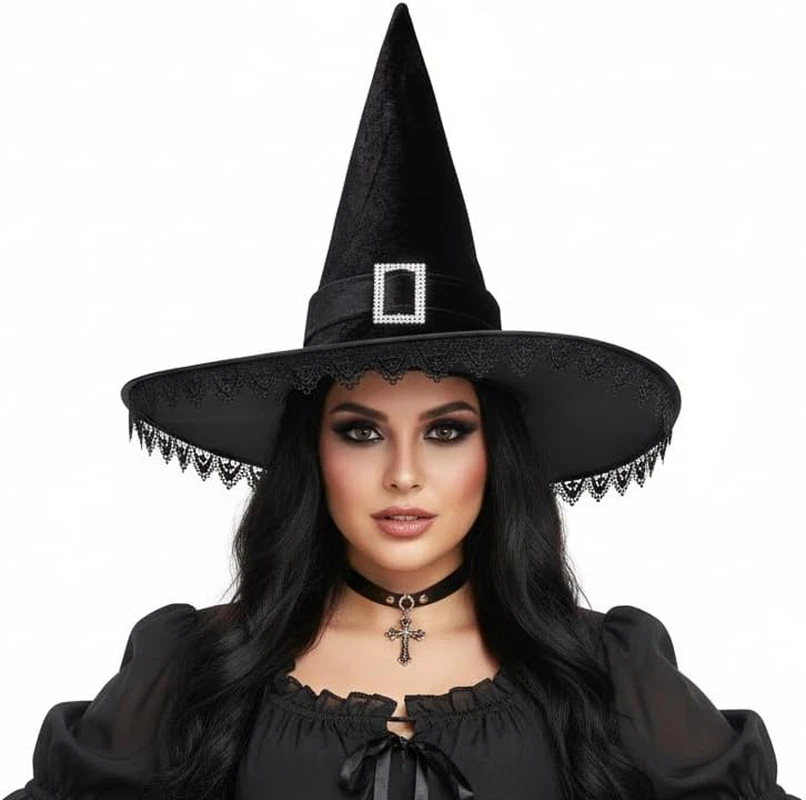 Sombrero de bruja de Halloween - Disfraz para mujer Sombreros de brujas negras con flecos de encaje para salón Foto 2 de 4