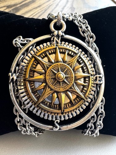 Two-Tone Compass-Like Locket Necklace Silver Gold North South East West Long